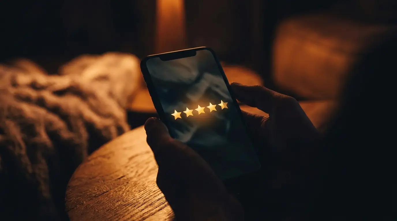 Commerçante genevoise consultant les avis Google de son entreprise sur son smartphone en boutique