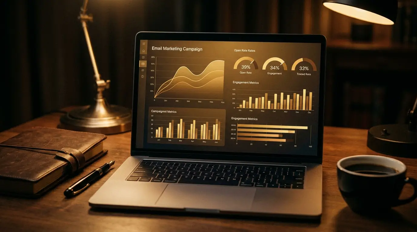 Entrepreneur genevois rédigeant une newsletter sur un ordinateur portable dans un bureau lumineux