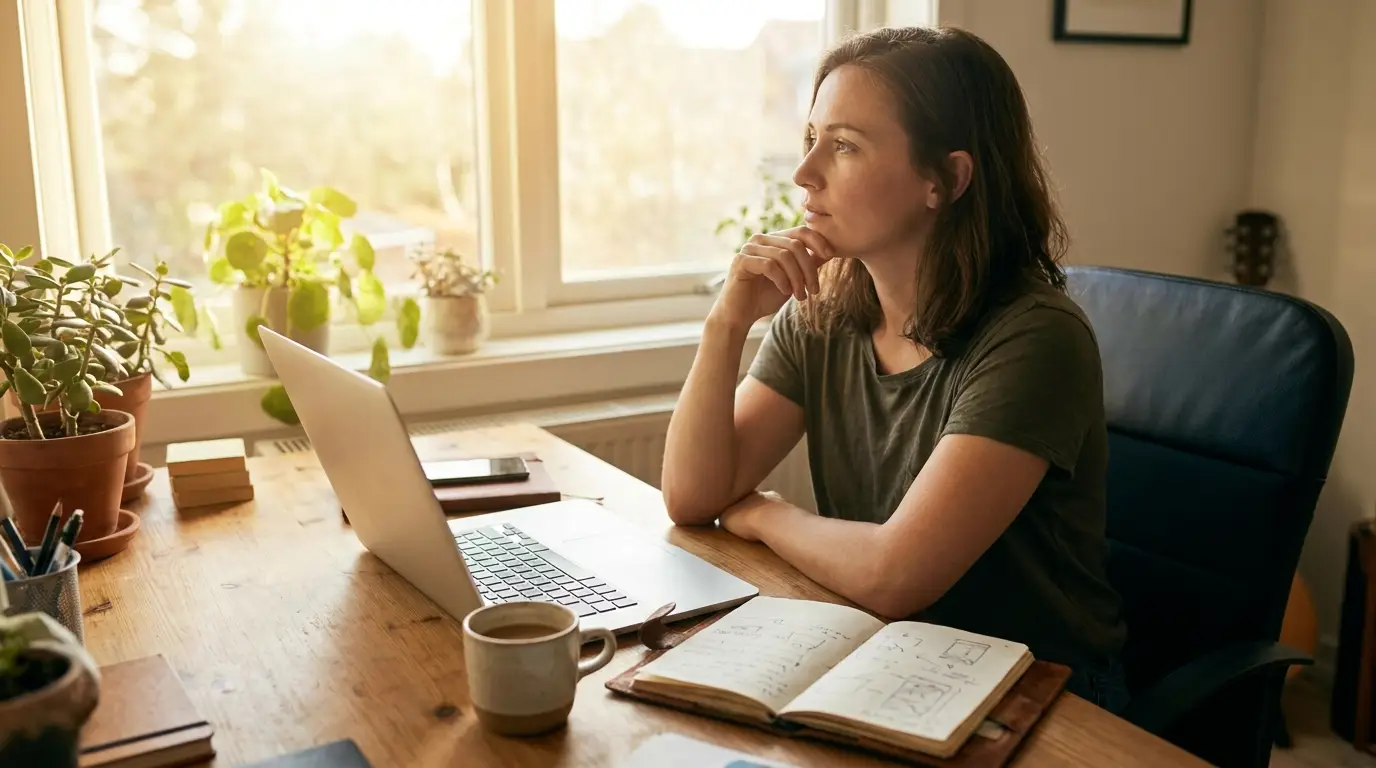 Jeune entrepreneure genevoise organisant sa checklist de lancement sur un bureau lumineux