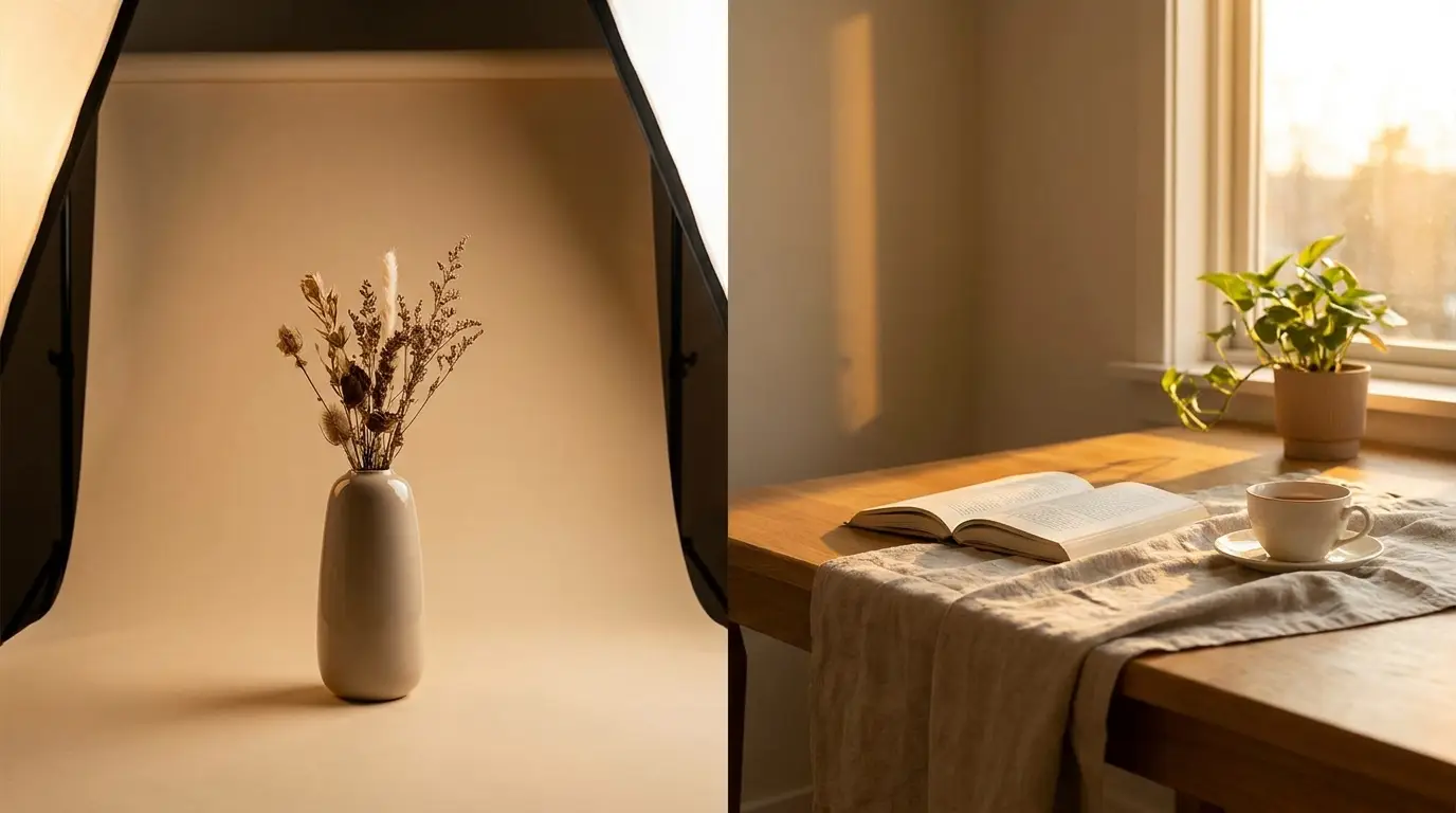 Produit artisanal photographié sur fond neutre et en mise en situation dans un studio genevois