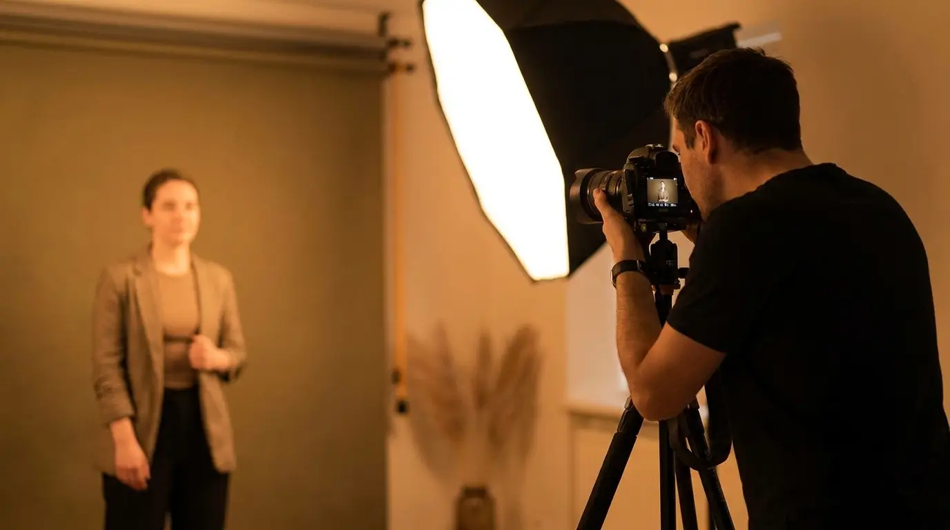 Portrait professionnel en studio à Genève, lumière douce et fond neutre, cadrage buste