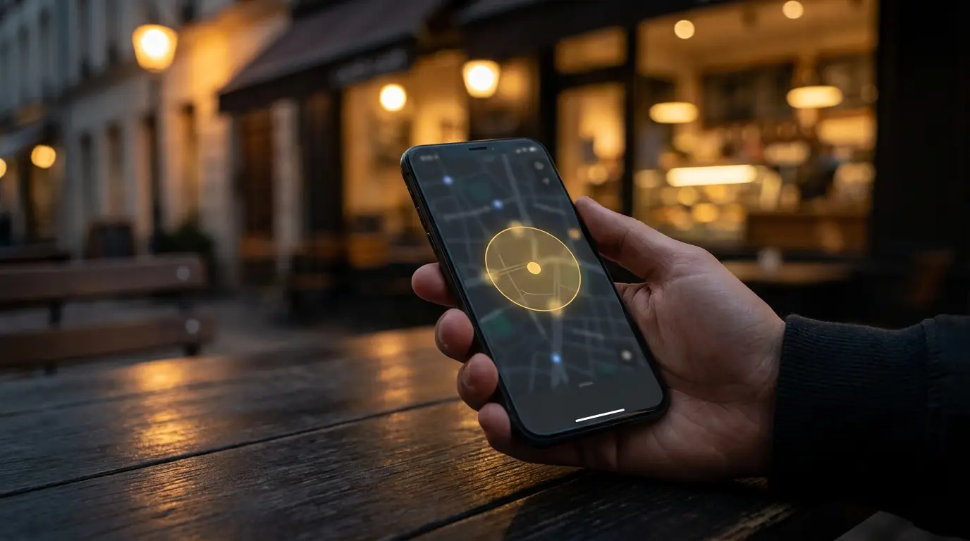 Commerçant genevois consultant ses campagnes publicitaires Instagram et Facebook sur smartphone dans sa boutique