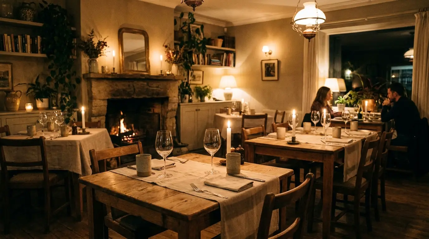 Salle de restaurant genevois éclairée en soirée de semaine, tables dressées et clients attablés