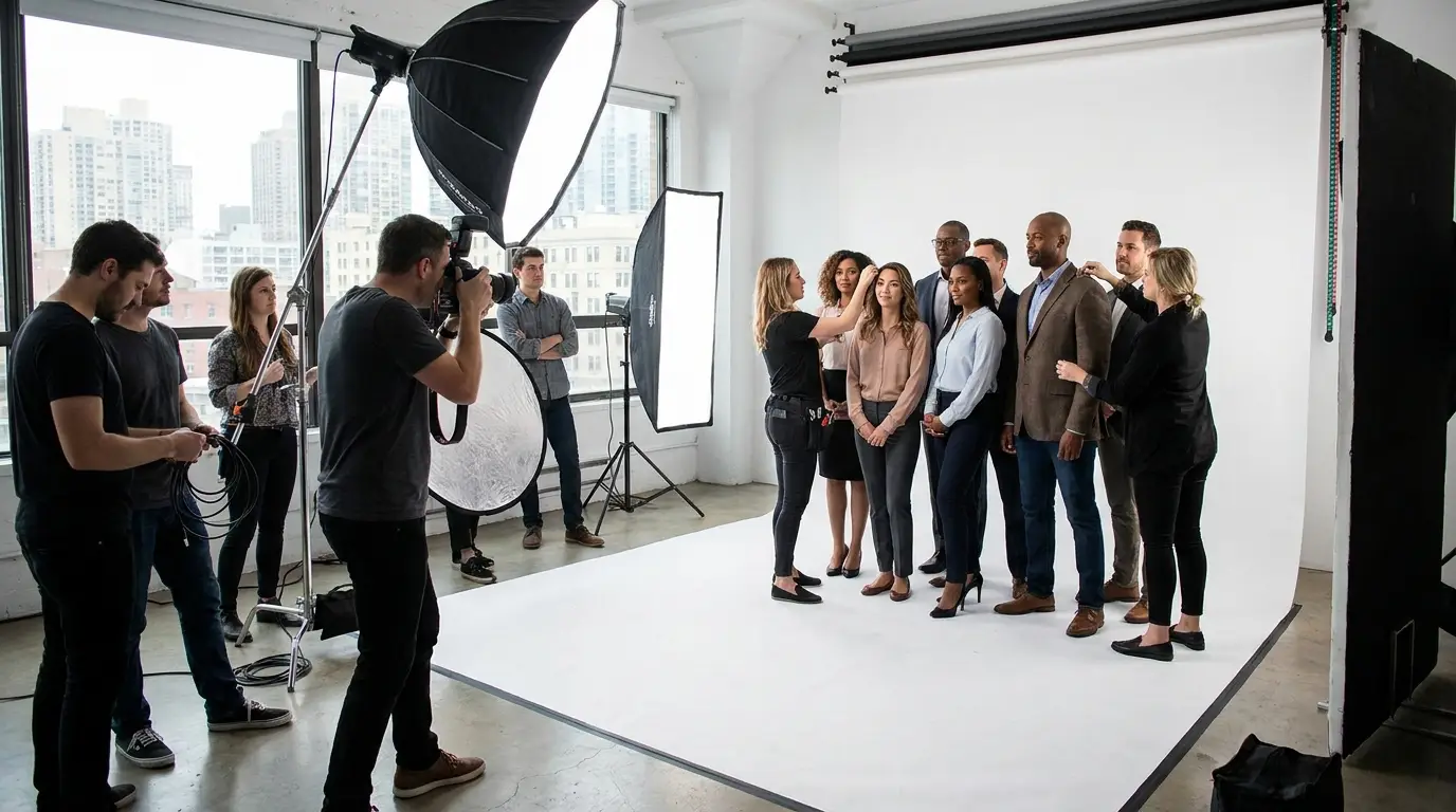 Équipe d'entreprise posant devant un fond neutre lors d'un shooting photo en studio à Genève