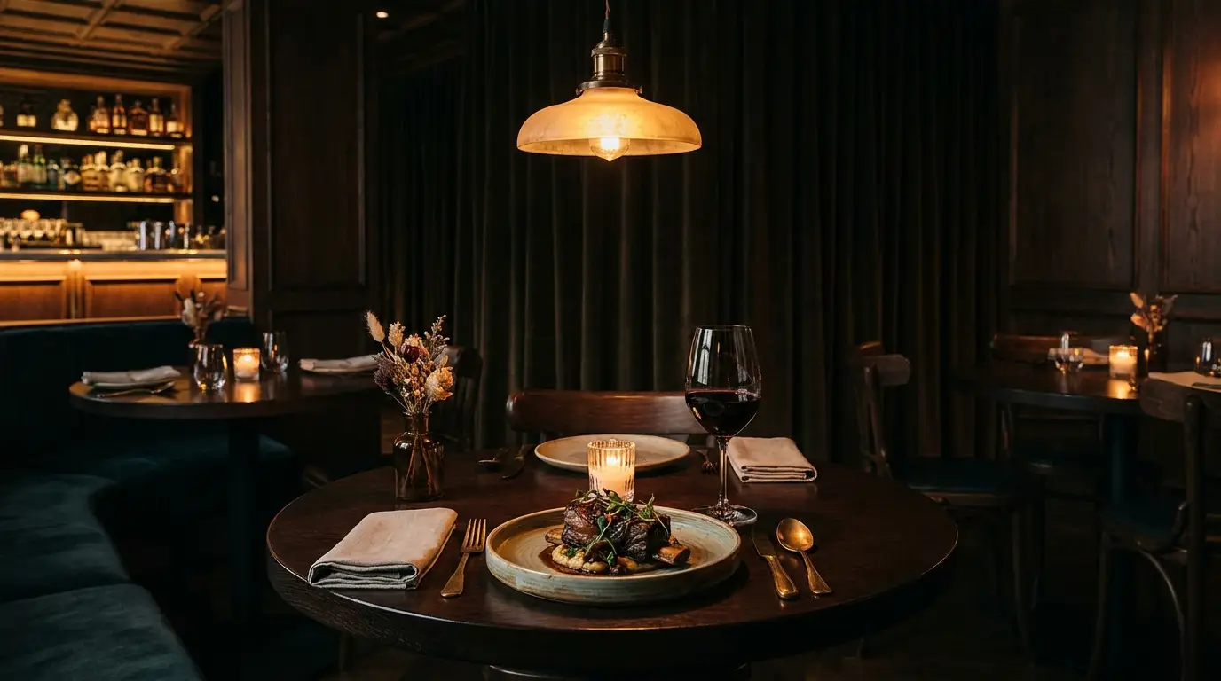 Salle de restaurant genevois éclairée le soir, tables dressées et carte affichée sur smartphone