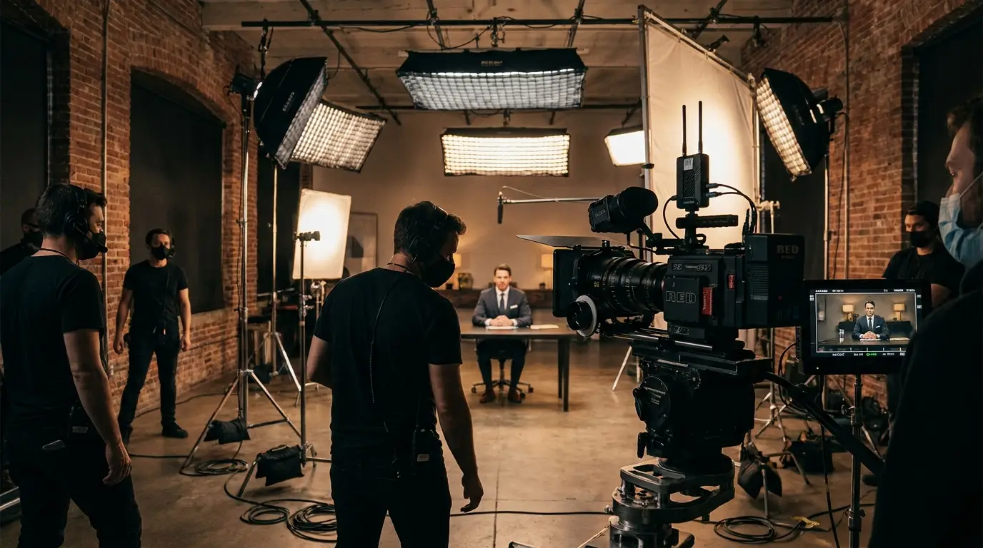 Tournage d'une vidéo d'entreprise en studio à Genève, caméra et éclairage professionnels